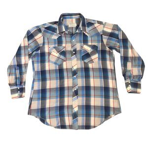 VINTAGE H Bar C Shirt Mens XL Blue Plaid Pearl Snap Western Ranch 17/33 Made USA